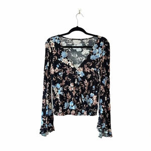American Eagle Crepe Black Floral Print Wrap Front Bell Sleeve Top Small Women’s